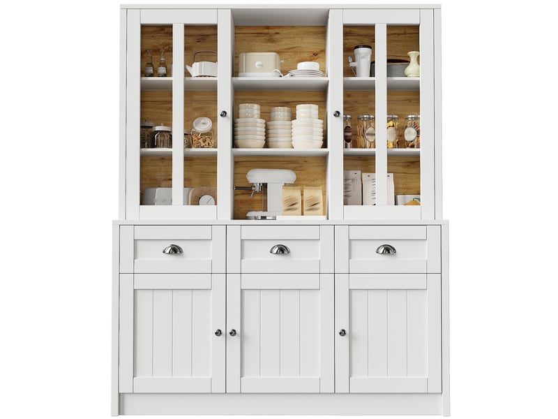  Buffet haut blanc, 140x38,5x175 cm, mdf et acrylique, portes coulissantes, tiroirs et étagères réglables pour la cuisine  - Conforama A