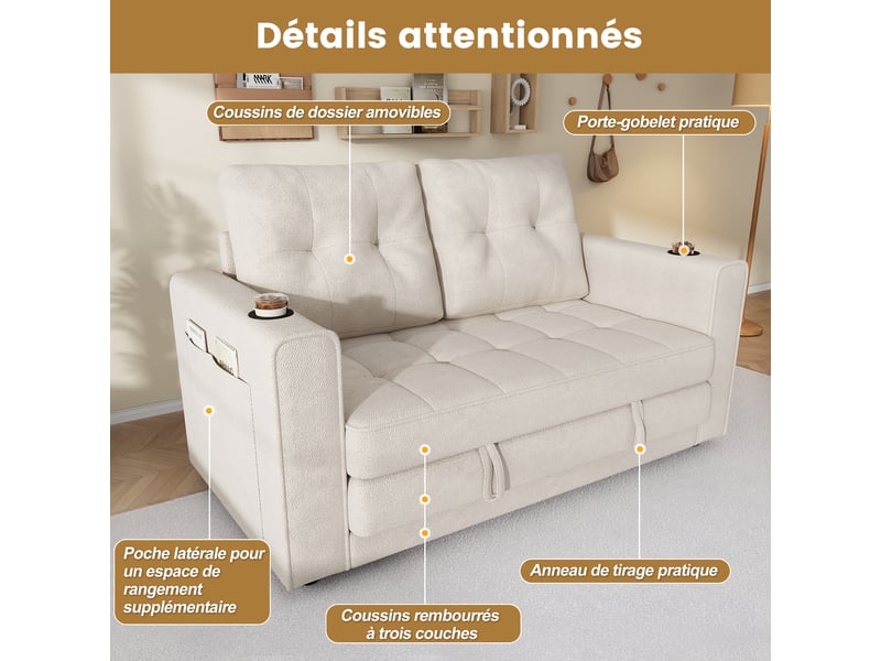 Canapé convertible 2 places 141x79x93 cm - canapé-lit extensible - dossier amovible et porte-gobelets - chenille - beige CozyNest - Conforama E