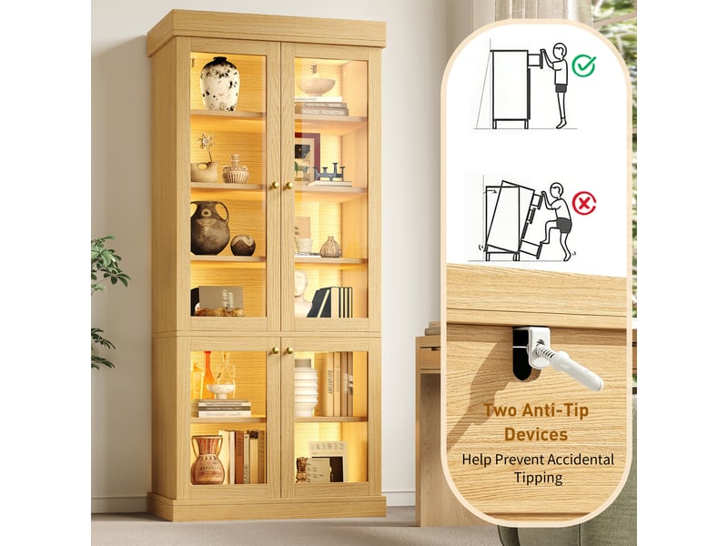 Armoire haute avec vitrine en verre et éclairage led réglable - lpospi - rangement sécurisé mdf naturel - Conforama E