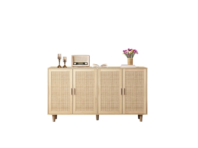  Buffet de rangement 4 portes décor rotin 158x40x88 cm naturel  - Conforama A