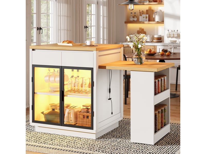Îlot de cuisine table extensible 122–194,5 cm - 2 tiroirs et façades vitrées - led rvb avec application - mdf - blanc CozyNest - Conforama C