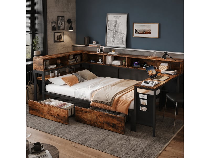  Cadre de lit - lit en métal 120 x 200 cm avec espace de rangement, lit simple noirnaturel avec 2 tiroirs, noir+naturel  - Conforama W