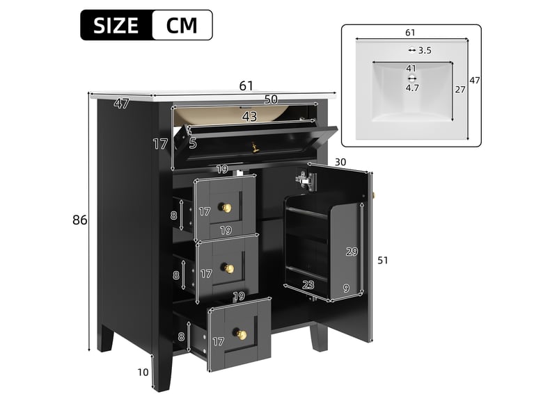  Meuble sous vasque 61x47x86 cm noir brillant avec vasque en céramique  - Conforama C