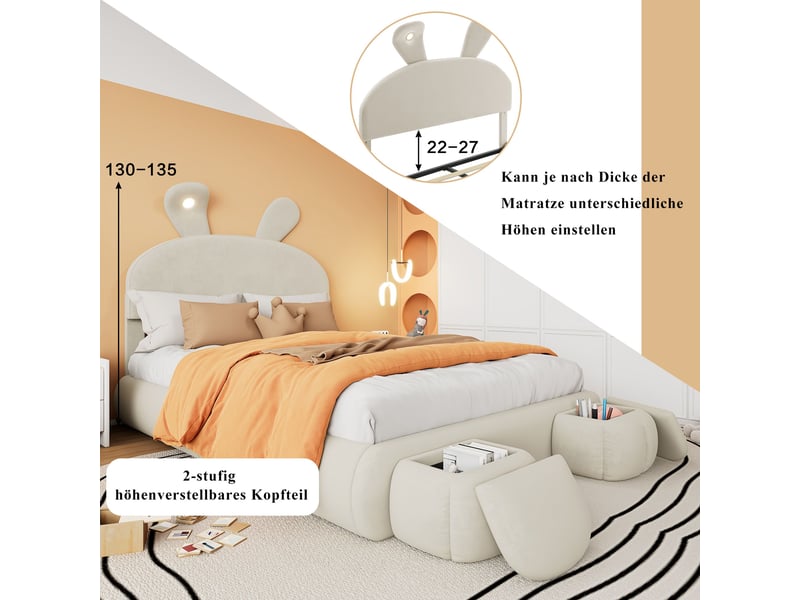 Lit coffre hydraulique 140x200 cm rembourré avec tête de lit led réglable et 2 poufs de rangement-tête de lit oreilles en velours-beige - Conforama D