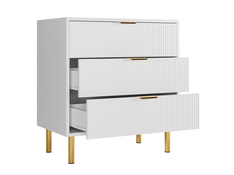  Commode 3 tiroirs cannelée moderne, meuble de rangement finition grain de bois, poignées dorées, pieds métal, 71 x 43 x 76 cm,blanc PHO_0ZGJJ5P4 - Conforama B