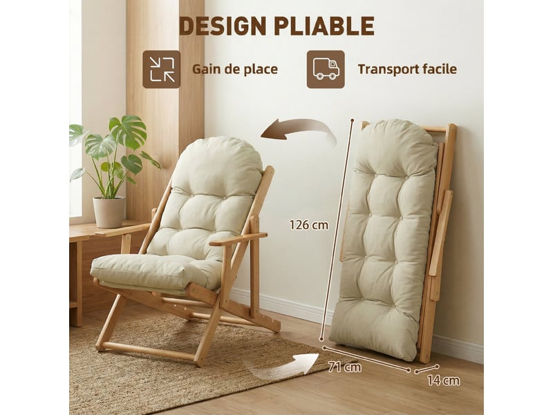  Fauteuil chaise de salon pliable et inclinable en bois relax fauteuil confortable avec coussin capitonné épais  - Conforama R