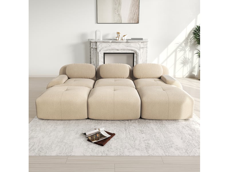  Canapé modulable 3 places 298x178x70 cm, trois poufs, prêt à installer, mousse 32d, velours côtelé, beige  - Conforama B