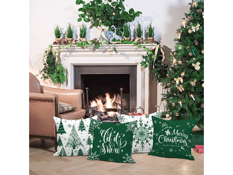  Lot de 4 housses de coussin de noël 45 x 45 cm, motif flocons de neige d'hiver, décoration de noël vert  - Conforama E