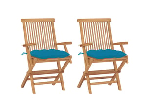 Lot de 2 chaises pliantes avec coussins bleu clair en bois de teck massif cf32281