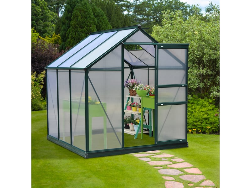  Serre de jardin polycarbonate 190 x 192 x 201 cm résistant aux uv 30+ fondation renforcé gouttière vert foncé  - Conforama C