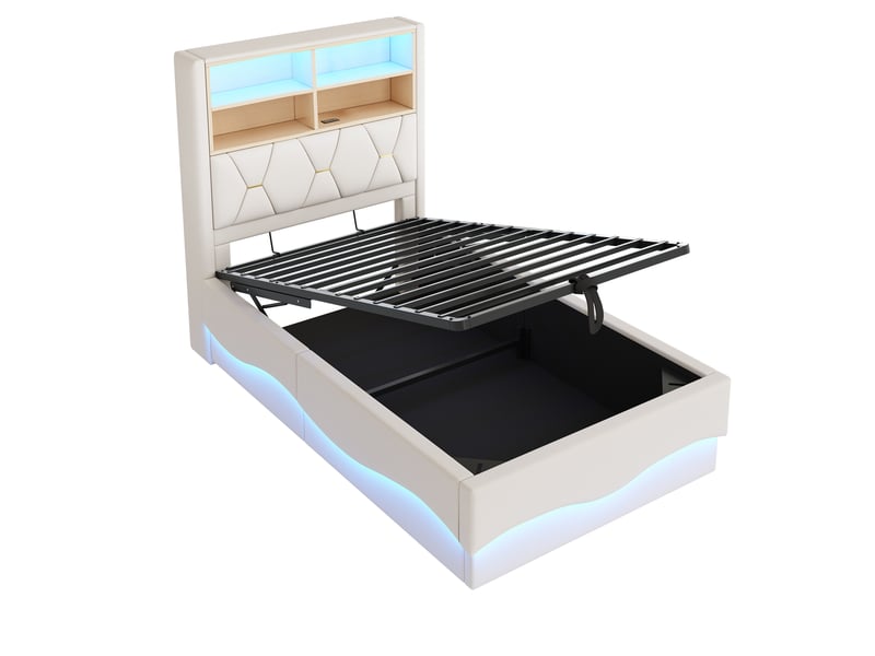 Lit enfant 90x200, lin beige, rangement hydraulique, led via appli, usb  - Conforama E