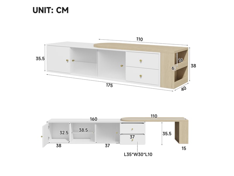  Meuble tv extensible 175 x 40 x 38 cm avec led rgb, 2 tiroirs, blanc et bois  - Conforama C