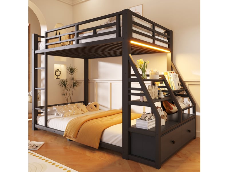  Lit superposé 90x200 cm en métal noir avec éclairage led et 2 tiroirs  - Conforama C