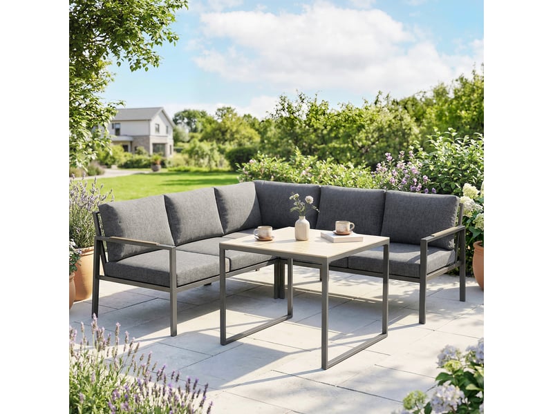 Salon de jardin extérieur 3 pcs 5 pl. 2 canapés avec coussins épais, 1 table basse,gris foncé - Conforama C