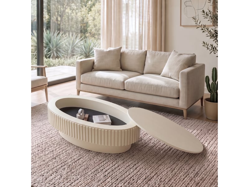  Table basse ovale 98x60 cm, crème, avec coffre Fay Lum - Conforama B