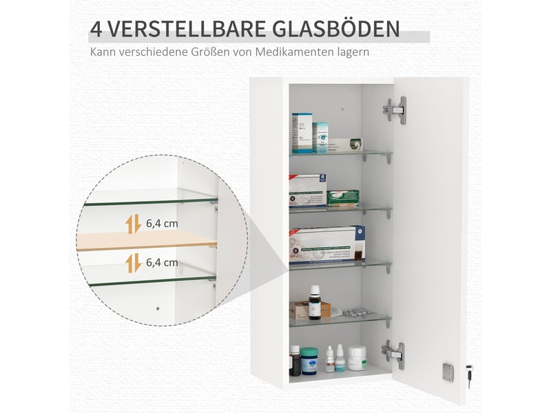  Armoire à pharmacie murale verrouillable, 4 étagères réglables, blanche, 30 x 20 x 70 cm  - Conforama R