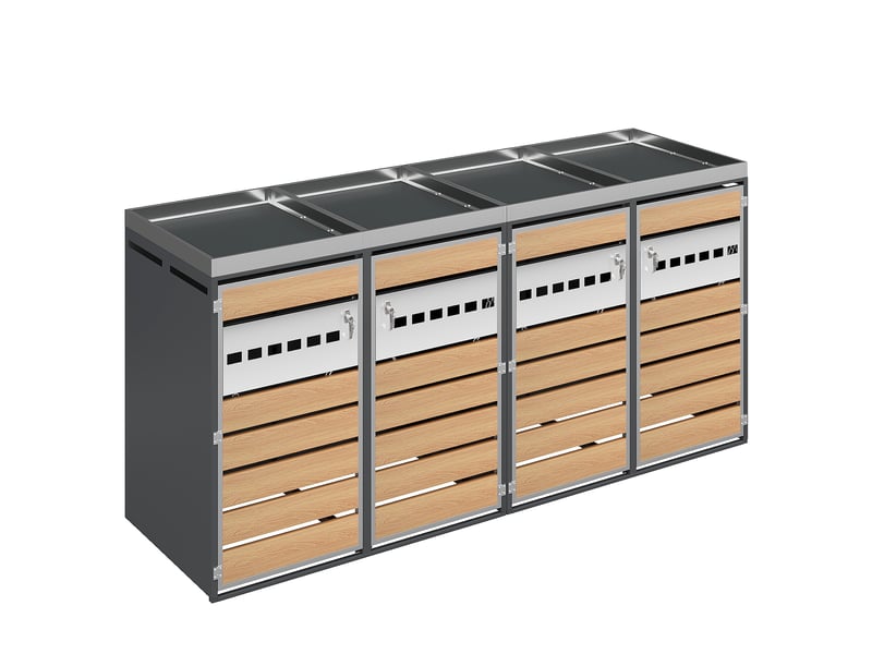 Cache-poubelles 4 compartiments avec bac à plantes, ventilation losange, métal noir - Conforama D