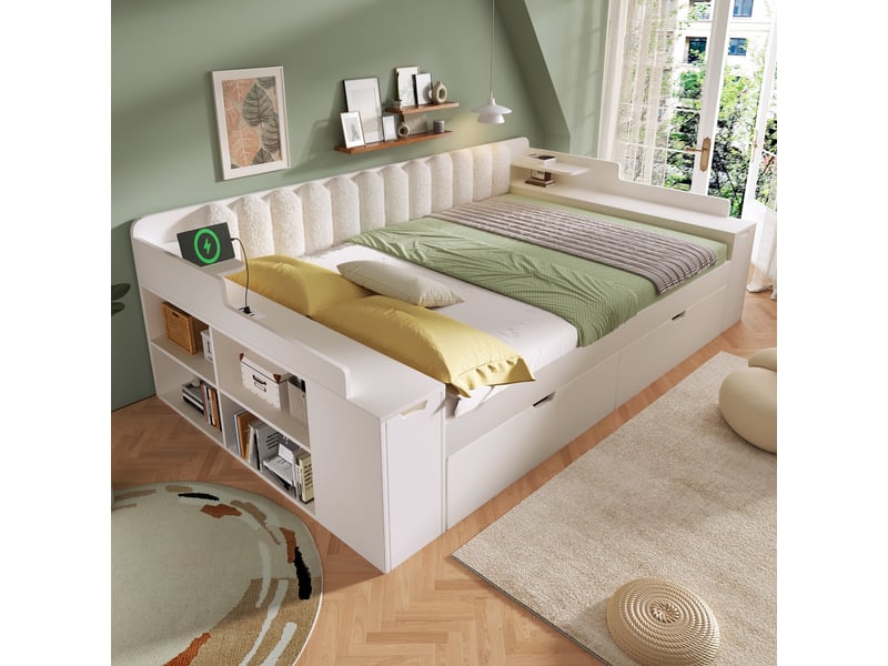  Lit superposé 90x200 cm en bois, séparable en 2 lits simples, avec échelle, barrières de sécurité et tiroirs - blanc  - Conforama B