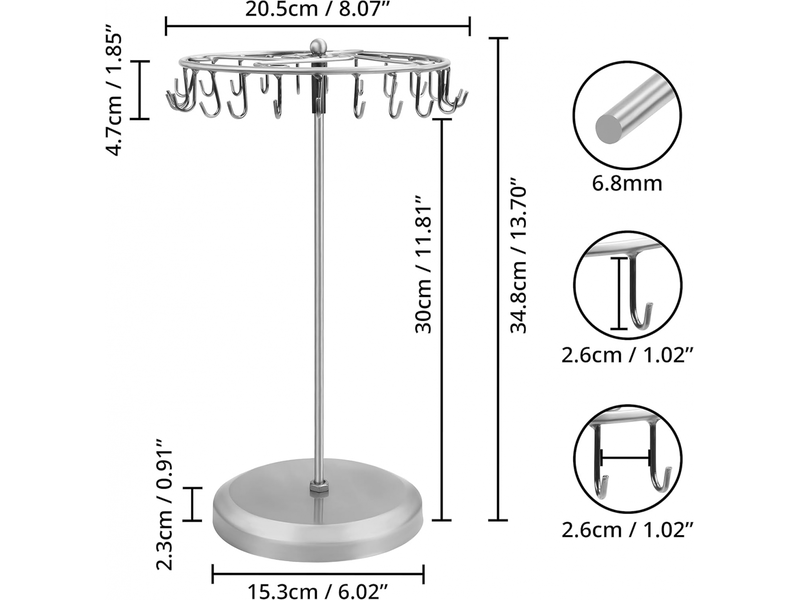 Présentoir à bijoux rotatif en métal argenté (23 crochets) - h 34,8 x l 20,5 cm - colliers, bracelets, boucles d'oreilles - Conforama B