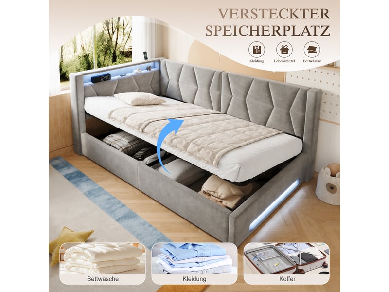 Lit coffre 90x200 cm, lit enfant, sommier à lattes, rangement hydraulique, led, usb et usb-c, velours gris foncé  - Conforama D