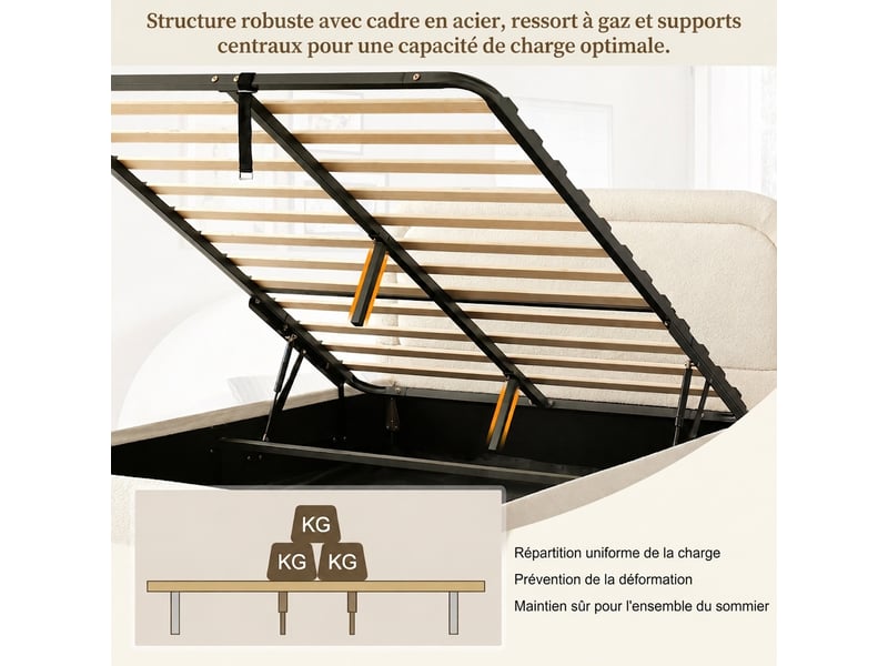  Lit coffre 140x200 double en tissu bouclette beige avec sommier à lattes et rangement hydraulique  - Conforama E