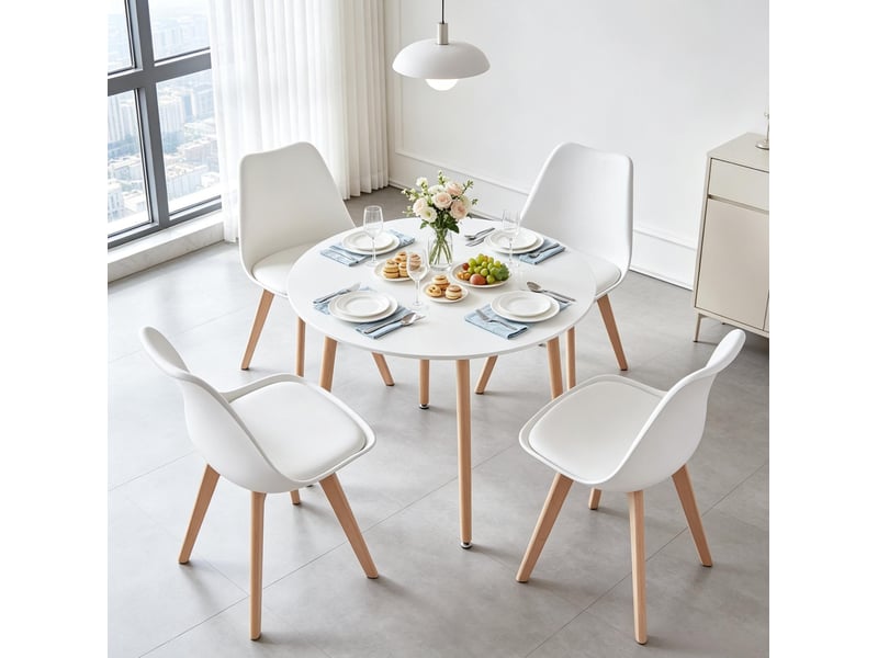  Ensemble table ronde et 4 chaises 80x80x75 cm bois blanc et bois  - Conforama C