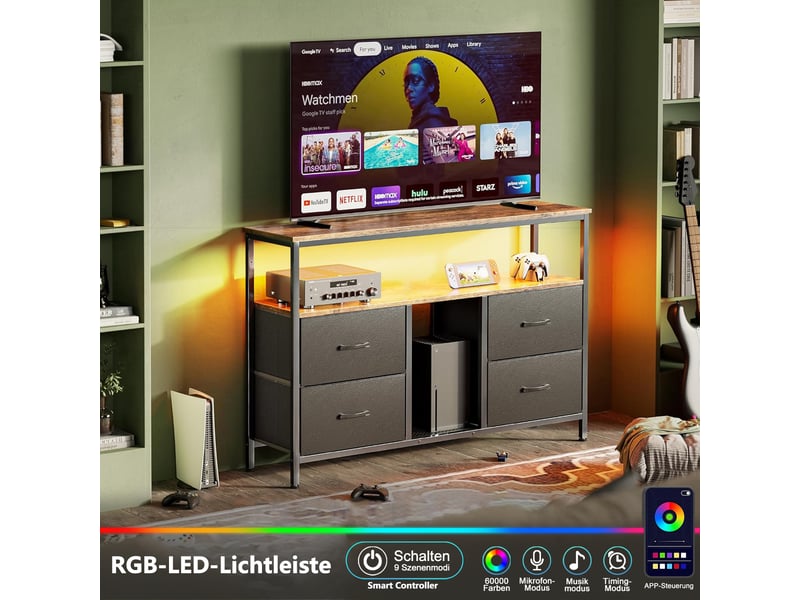  Meuble tv avec led,armoire tv de salon avec 4 tiroirs, tiroirs en tissu et structure en métal,108 x 29.8 x 76.8 cm, noir  - Conforama E