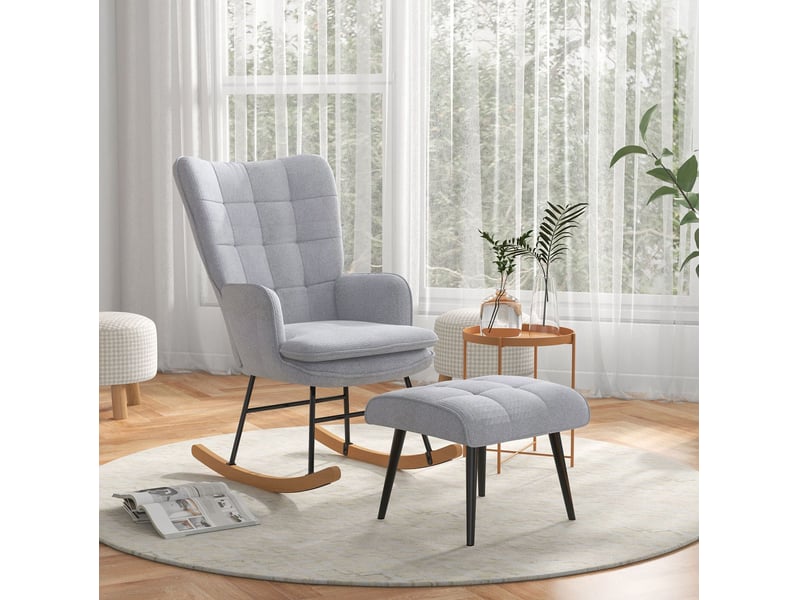  Fauteuil à bascule avec repose-pied, dossier haut et accoudoirs, en polyester gris clair  - Conforama B