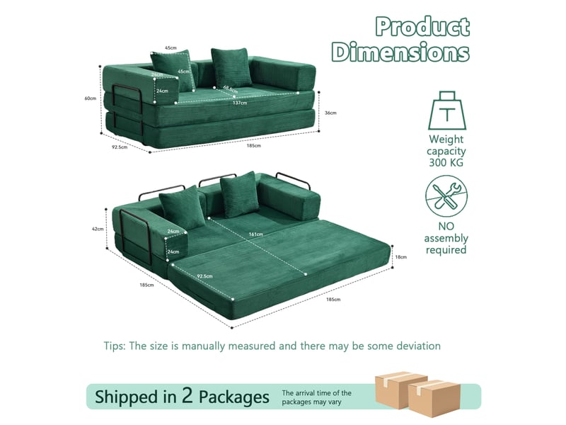  Canapé droit convertible 2 places en velours côtelé vert foncé, pliable, sans montage pour salon et chambre  - Conforama C
