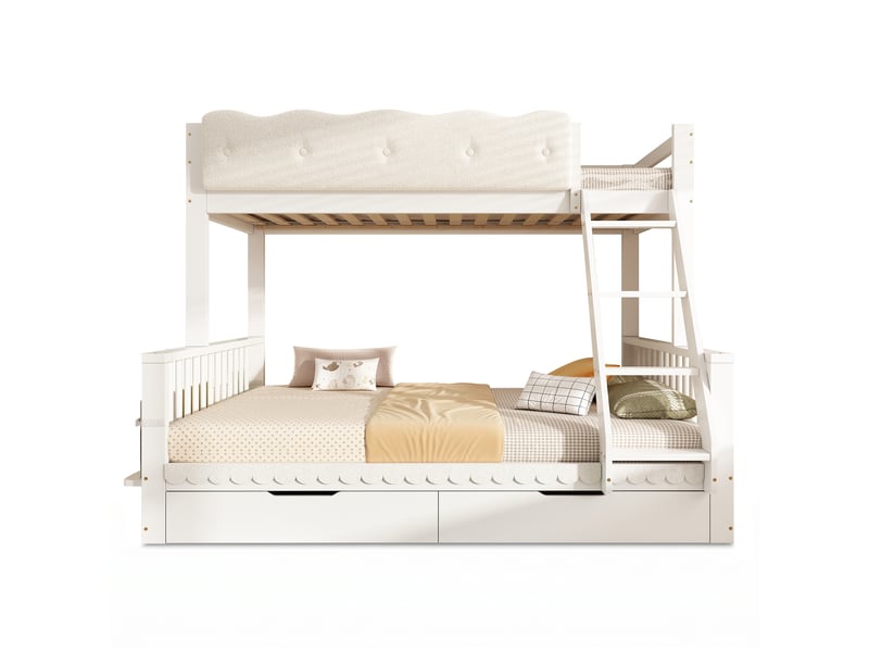  Lit superposé enfant 90x200 et 140x200 avec tiroirs et porte-revues, lit familial en bois blanc, barrière nuage, certifié en 747.  - Conforama A