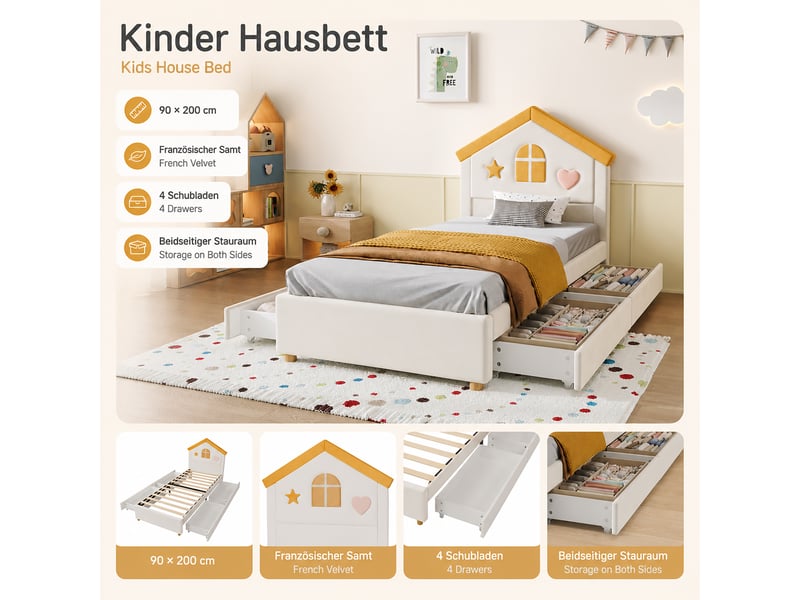  Lit enfant 90 x 200 cm, tête de lit cabane rembourrée, 4 tiroirs de rangement, revêtement velours, beige evarich - Conforama D