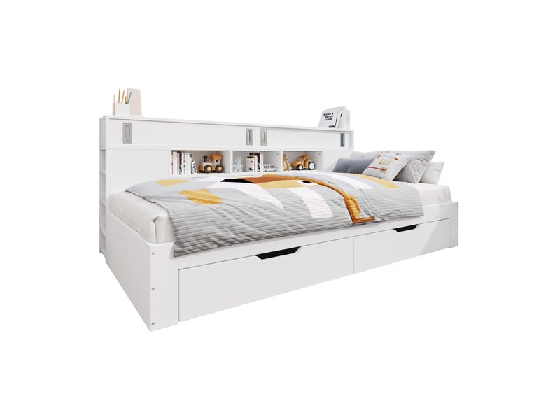  Lit jeune 140x190 cm, avec 2 tiroirs, placard coulissant et étagères réglables, en mdf, couleur blanc, sans matelas  - Conforama A