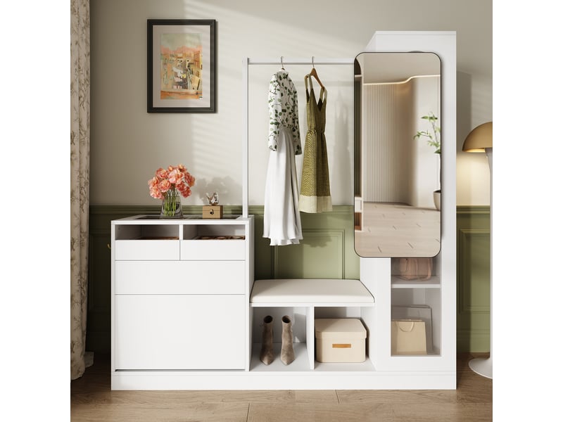  Portemanteau avec banc et rangement 163 cm en panneau de particules blanc  - Conforama E