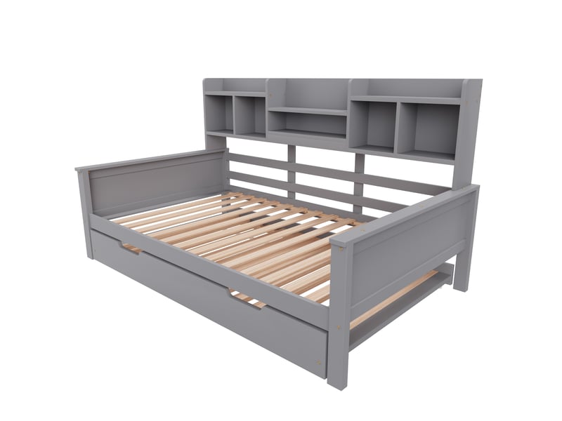  Canapé-lit extensible 90 x 200 cm en bois massif, lit gigogne 90 x 190 cm, avec compartiment de rangement et sommier à lattes, lit multifonctionnel en pin, lit simple, gris  - Conforama D