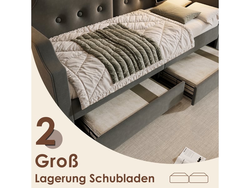  Lit avec rangement 90x200 cm, 2 tiroirs, velours gris  - Conforama E