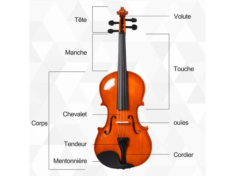  Violon 44 pleine grandeur avec étui, accordeur, épaulière, archet, colophane, cordes rechange et chiffon  - Conforama D