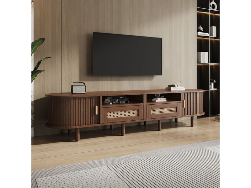  Meuble tv 170x40x40, design ovale en noyer avec 2 tiroirs en rotin, 2 portes coulissantes et rangement meuble tv avec rangement  - Conforama E