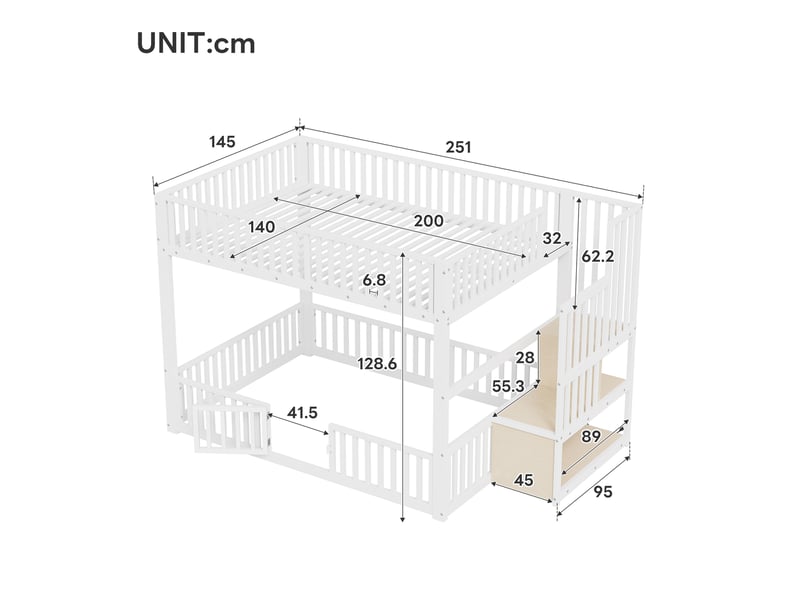  Lit superposé enfant 140x200 cm avec échelle de rangement, led, barrières de sécurité, gain de place, cadre métallique et mdf, blanc Radiant Stride - Conforama C
