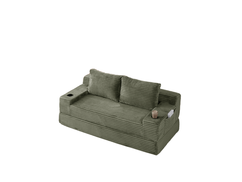  Canapé-lit 2 places convertible avec porte-gobelets et poches de rangement, velours côtelé vert sans matelas, 300 kg  - Conforama A