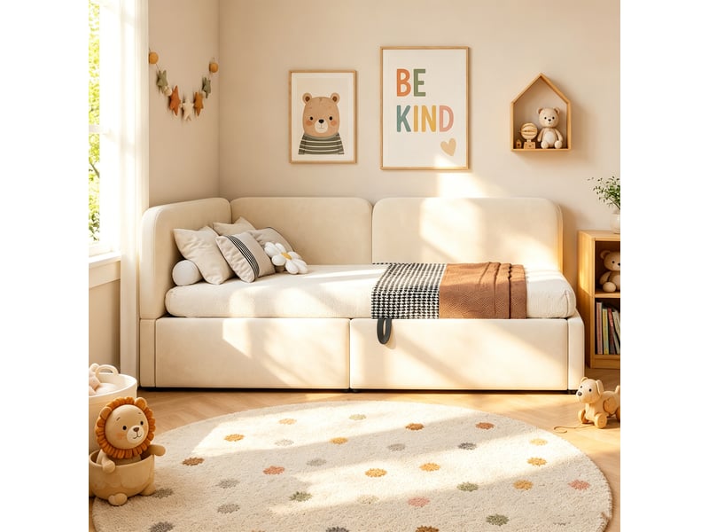 Lit banquette coffre 90 x 200 cm avec rangement hydraulique sous le sommier, haut dossier rembourré, lit simple, velours, beige Morn Vibe - Conforama B