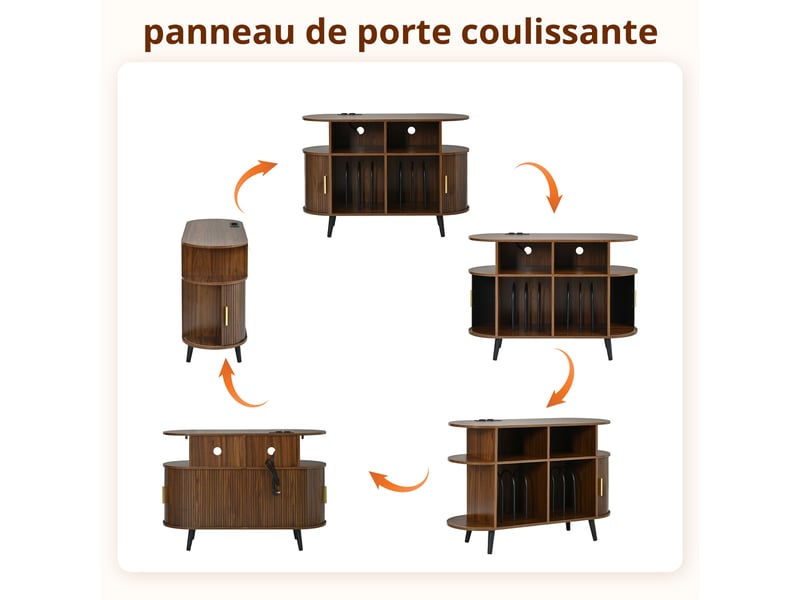 Meuble tv avec 2 portes coulissantes, 4 niches, range-disques, passe-câbles et recharge, mdf noyer 110×40×76 cm - Conforama E
