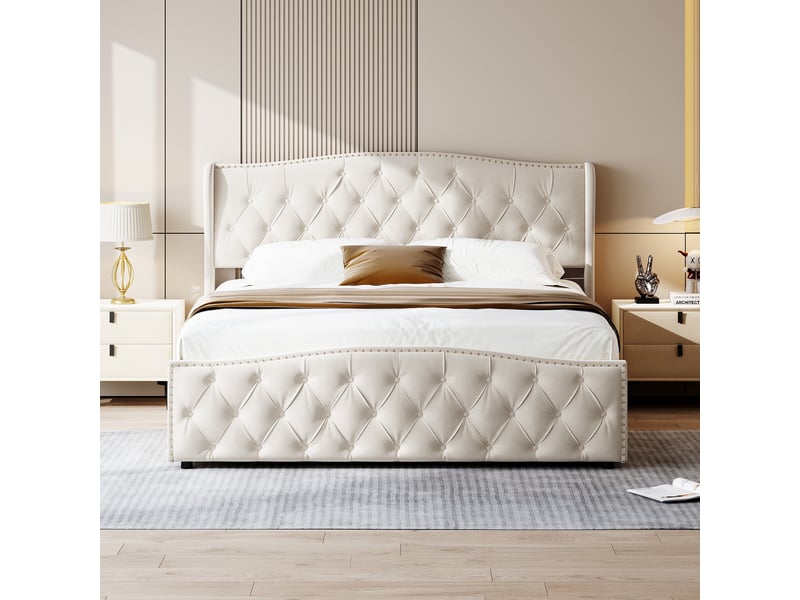  Lit 140x190cm - lit coffre 140x190cm - lit rembourré avec tête de lit à motifs vagues et rivets et sommier relevable - blanc  - Conforama D