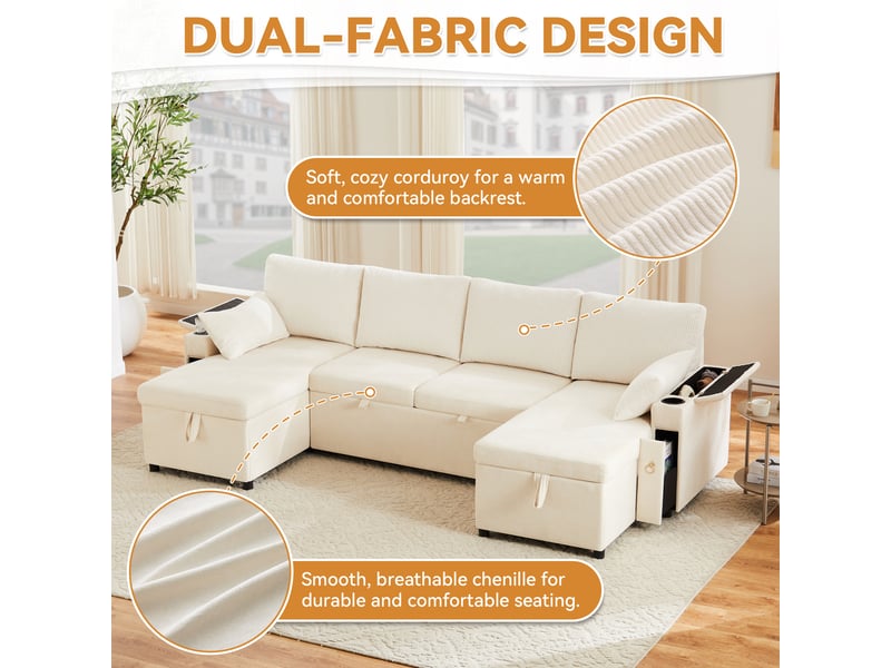  Canapé d’angle convertible en u 4 places 272 x 131 x 84 cm, avec rangements, porte-gobelets et coussins - beige  - Conforama E