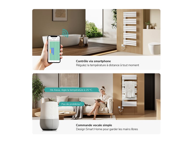 Emke radiateur sèche-serviettes électrique 1320x400 mm, blanc 600w, wifi, modes intelligents, détection fenêtre  - Conforama D