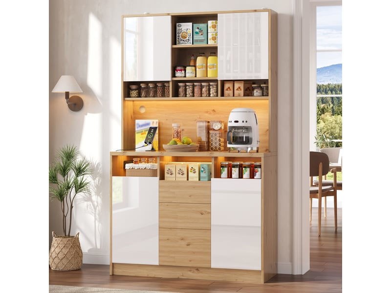  Armoire de cuisine haute 108x40x180cm, prises électriques, usb et led rgb connectée, 4 portes, 3 tiroirs, rangements réglables, blanc et bois  - Conforama B