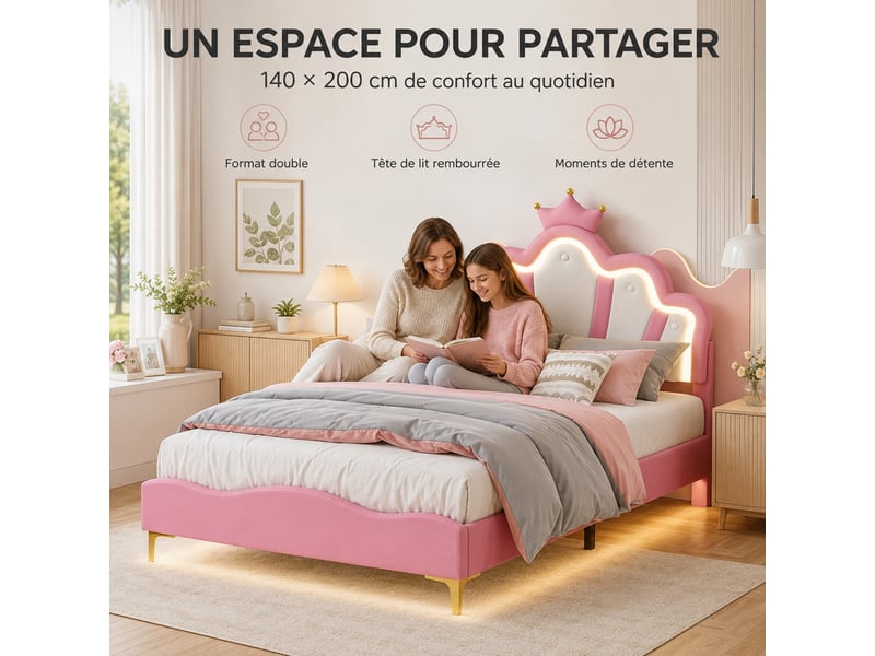 Lit rembourré enfant 140x200 cm avec led, lit princesse avec tête de lit en forme de couronne, lit 2 places pour fille avec sommier à lattes, tête de lit réglable, pu, rose - Conforama R