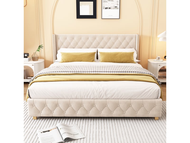 Lit 160x200 cm velours bleu – tête capitonnée, sommier inclus  - Conforama D