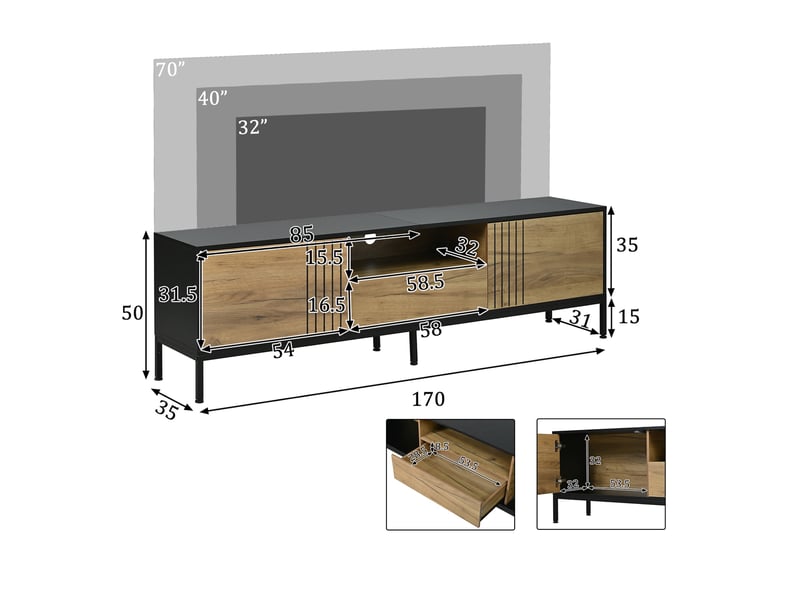  Meuble tv 170x35x50 cm, meuble tv bas pour salon support télévision jusqu'à 70 pouces, avec 2 portes 1 tiroir et compartiment ouvert, chêne et noir  - Conforama E