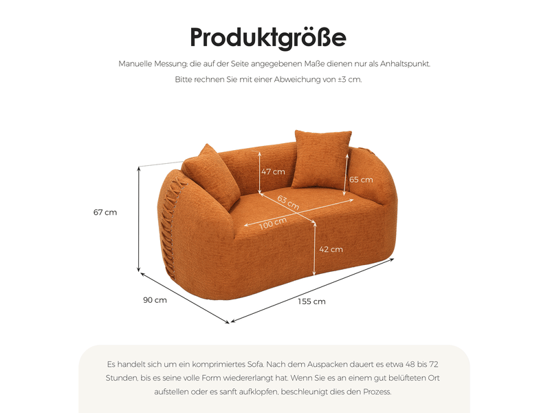  Canape droit moderne 2 places 155x90x67 cm compressé, incurvé, mousse et tissu chenille couleur orange  - Conforama C