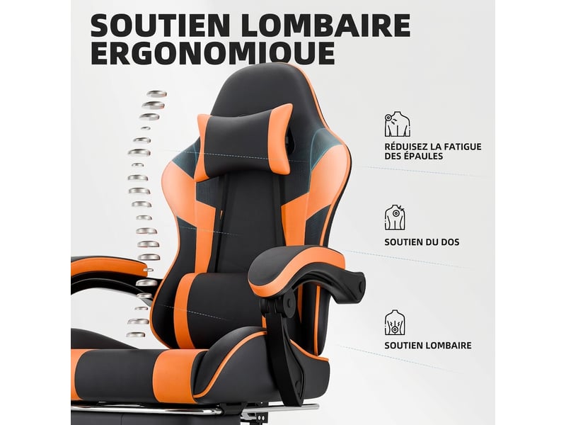 Chaise gamer ergonomique, réglable avec support lombaire, fauteuil de bureau noir et orange - Conforama E